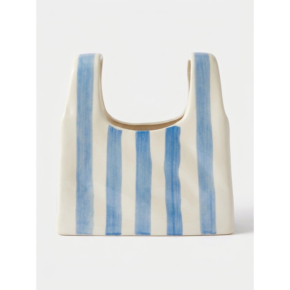 Room 2 Room Blue White Striped Ceramic Tote Bag Vase Coastal Decor